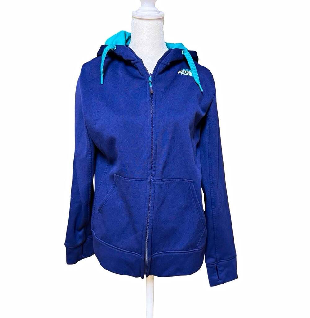 The North Face Women’s Hooded Full Zip Fleece Hoodie Pockets Logo Blue Teal L